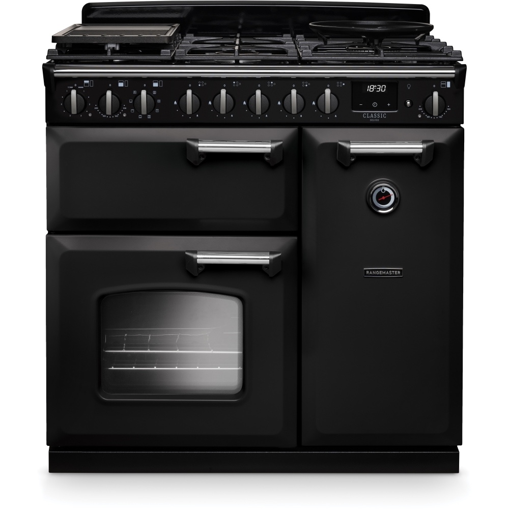 Rangemaster Black Cldl90dfpcbl/Cm1 90Cm Dual Fuel Range Cooker Classic Deluxe Charcoal / Chrome, A Rated