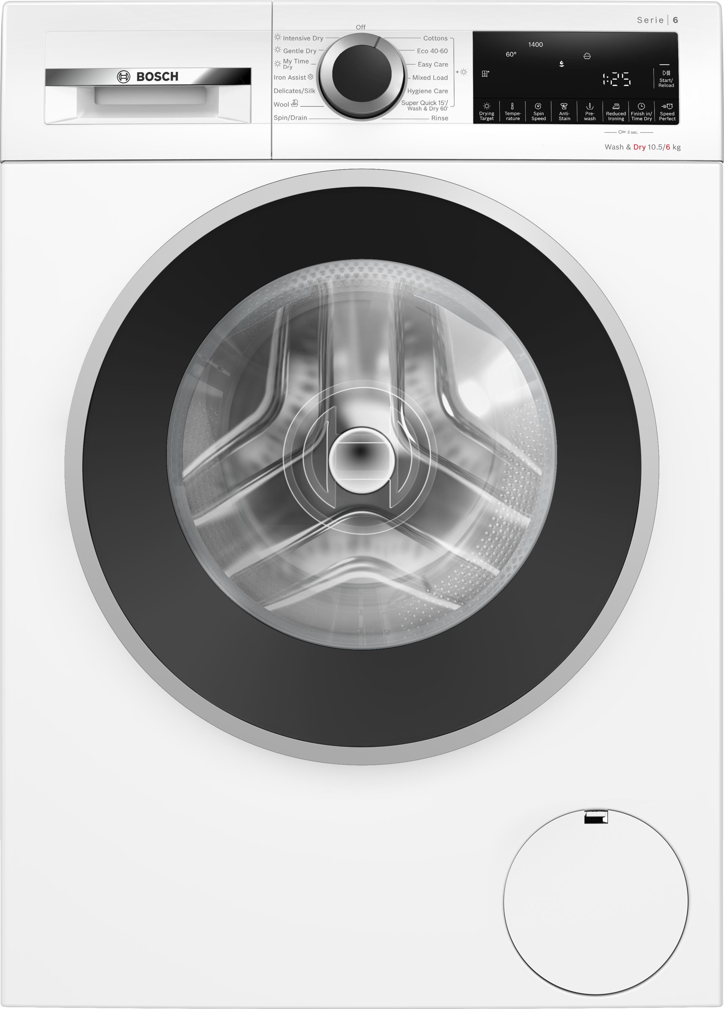 Bosch Series 6 WNG25401GB Freestanding Washer dryer 10.5/6kg 1400rpm, White | Iron Assist, AntiStain, SpeedPerfect, Wash & Dry 60, SilentPower Drive, time delay/time remaining - Image 2