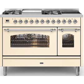 Ilve Milano P12FINE3/AWC 120cm Twin 90 / 30 4 Gas Burners, Fry Top & 2 Zone Induction Antique White / Chrome 