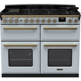 Rangemaster Estel Deluxe ESDLB110DFPMSB-AB1 110cm Wide Dual Fuel Range Cooker - Misty Blue / Antique Brass