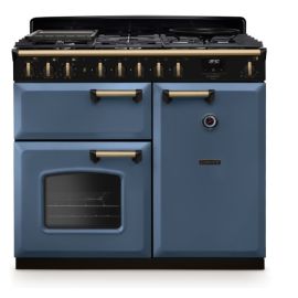 Rangemaster CLDL100DFPSTB/AB1 100cm Dual Fuel Range Cooker Classic Deluxe Stone Blue / Antique Brass, A Rated