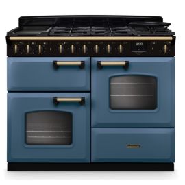 Rangemaster CLDLO110DFPSTB/AB1 110cm Dual Fuel Range Cooker Classic Deluxe Stone Blue / Antique Brass, A Rated