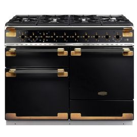 Rangemaster Elise Luxe 110 ELS110DFFGB/BE 110cm Wide Black Dual Fuel Freestanding Range Cooker – Black/Antique Brass Trim