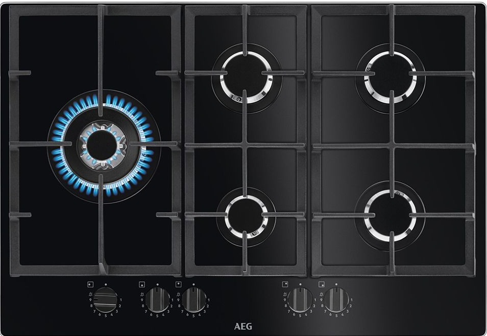 Aeg Black Hkb75820nb 6000 Gas On Glass 75Cm 5 Burner Hob