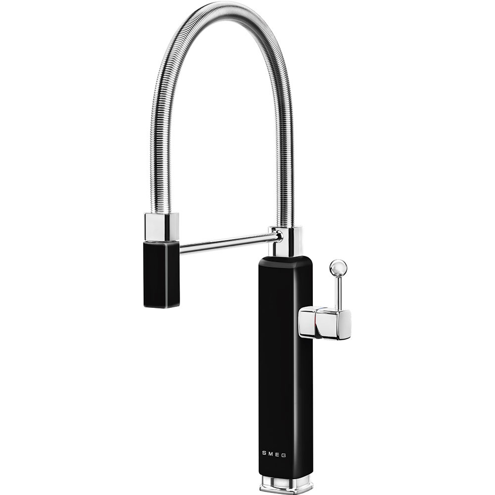 Smeg Black 50'S Style Single Lever Mixer Tap, Chrome Detachable Handshower Mdf50bl