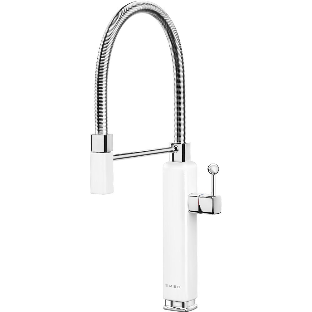 Smeg White 50'S Style Single Lever Mixer Tap, Chrome Detachable Handshower Mdf50wh