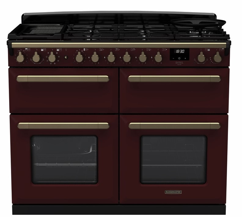 Rangemaster Bordeaux Esdlb110dfpbor/Ab1 Estel Deluxe 110 Dual Fuel With Antique Brass Trim