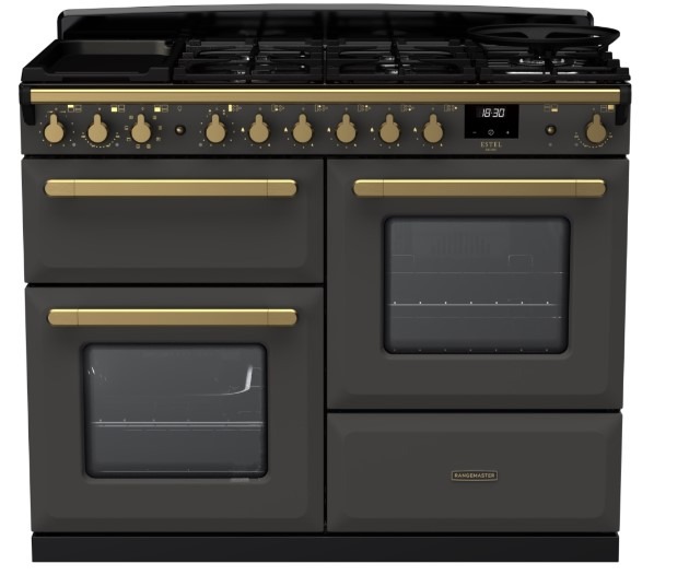Rangemaster Grey Estel Deluxe Esdlo110dfpslt/Ab1 110Cm Dual Fuel Range Cooker Slate / Antique Brass,