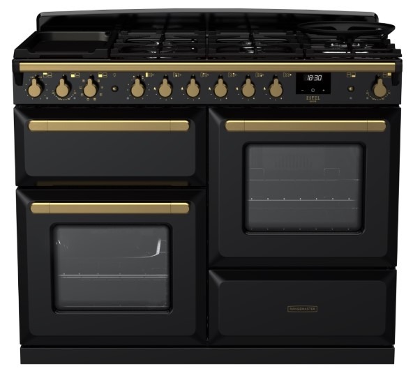 Rangemaster Black Estel Deluxe Esdlo110dfpgbl/Ab1 110Cm Dual Fuel Range Cooker / Antique Brass