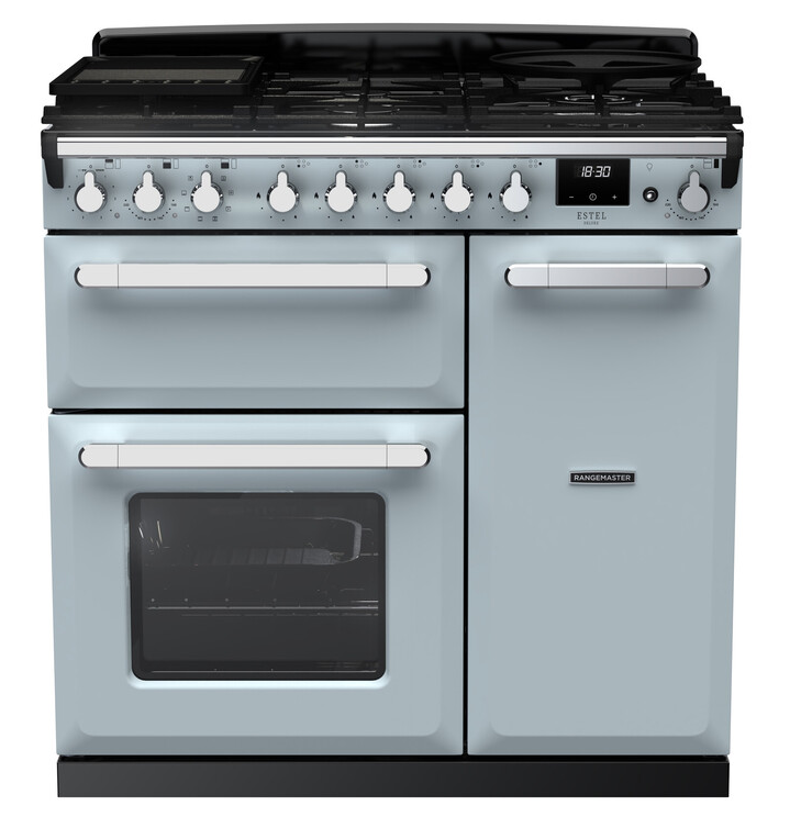 Rangemaster 90cm Dual Fuel Range Cooker - 5 Gas Burners - 3 Ovens - Misty Blue/Chrome - A/A Rated - Image 4