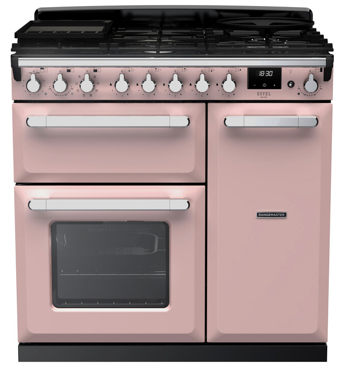 Rangemaster Pink Estel Deluxe Esdl90dfpppk/Cm1 90Cm Pale Freestanding Dual Fuel Range Cooker - Chrome Trim