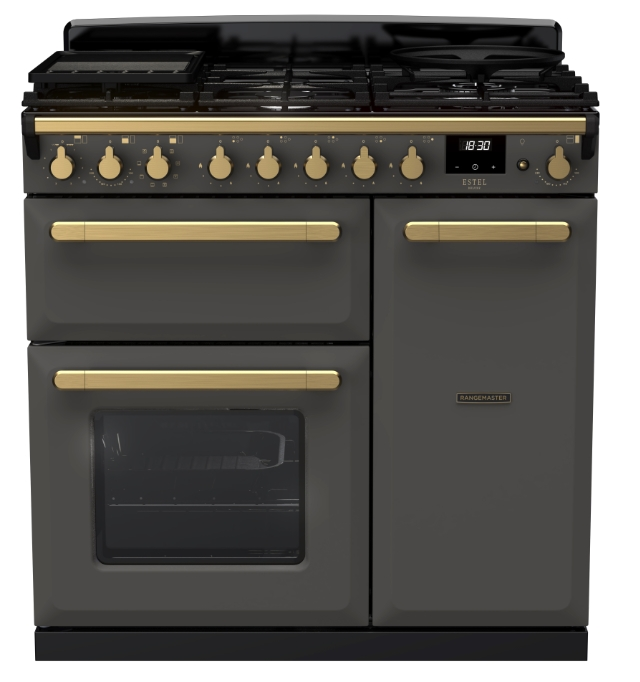 Rangemaster Grey Estel Deluxe Esdl90dfpslt/Ab1 90Cm Slate Freestanding Dual Fuel Range Cooker - Antique Brass