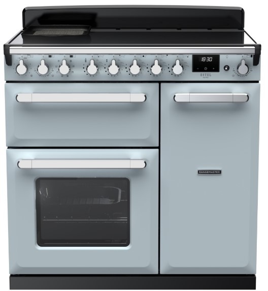 Rangemaster Estel Deluxe 90cm Induction Range Cooker, 5 Zones, Dual Oven, Misty Blue and Chrome - Image 4