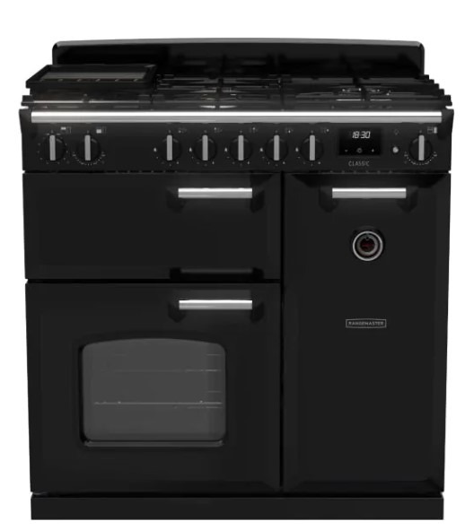 Rangemaster Black Cl90dfpgbl/Cm1 Classic 90Cm Dual Fuel Rangecooker - With Chrome Trim