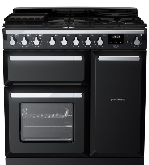 Rangemaster Black Estel Deluxe Esdl90dfpgbl/Cm1 90Cm Gloss Freestanding Dual Fuel Range Cooker - Chrome Trim