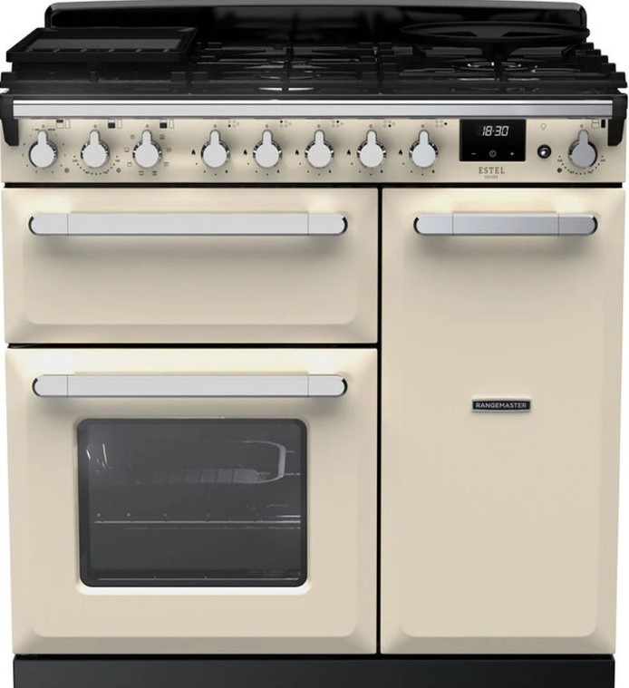 Rangemaster Estel Deluxe Esdl90dfppcr/Cm1 90 Cm Dual Fuel Range Cooker - Pale Cream & Chrome, Silver/Grey,Cream - Image 6