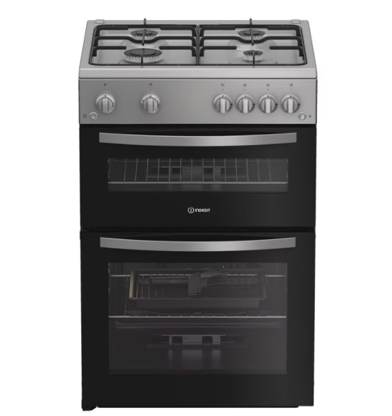 Indesit Silver Idg6gs Freestanding 60Cm Gas Double Oven Cooker In