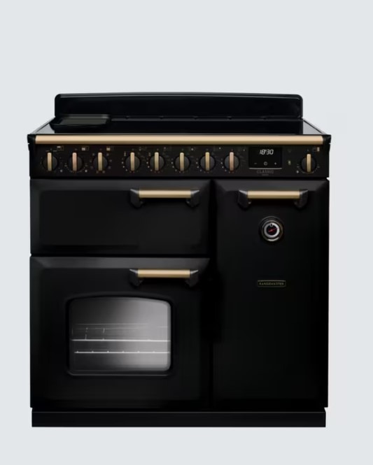 Rangemaster Black Classic Deluxe Cldl90eipgbl/Ab1 90Cm Electric Range Cooker With Induction Hob, /Antique Brass