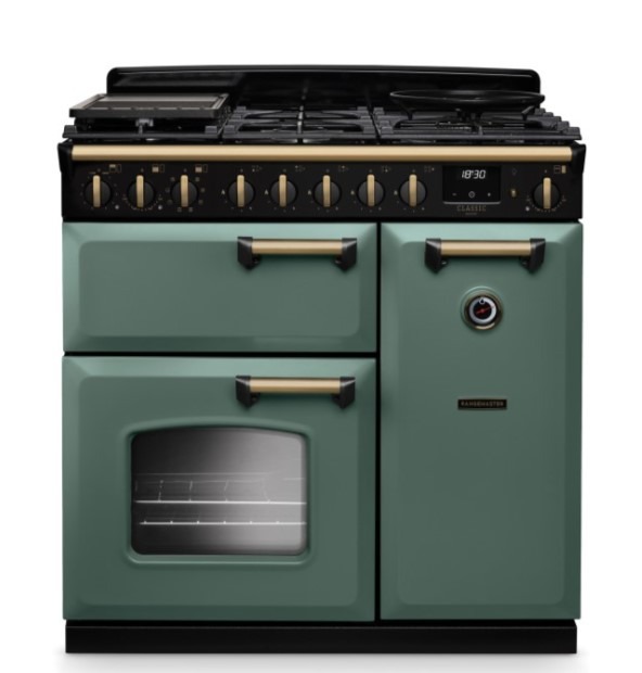 Rangemaster Green Classic Deluxe 90Cm Dual Fuel Range Cooker - Mineral & Brass