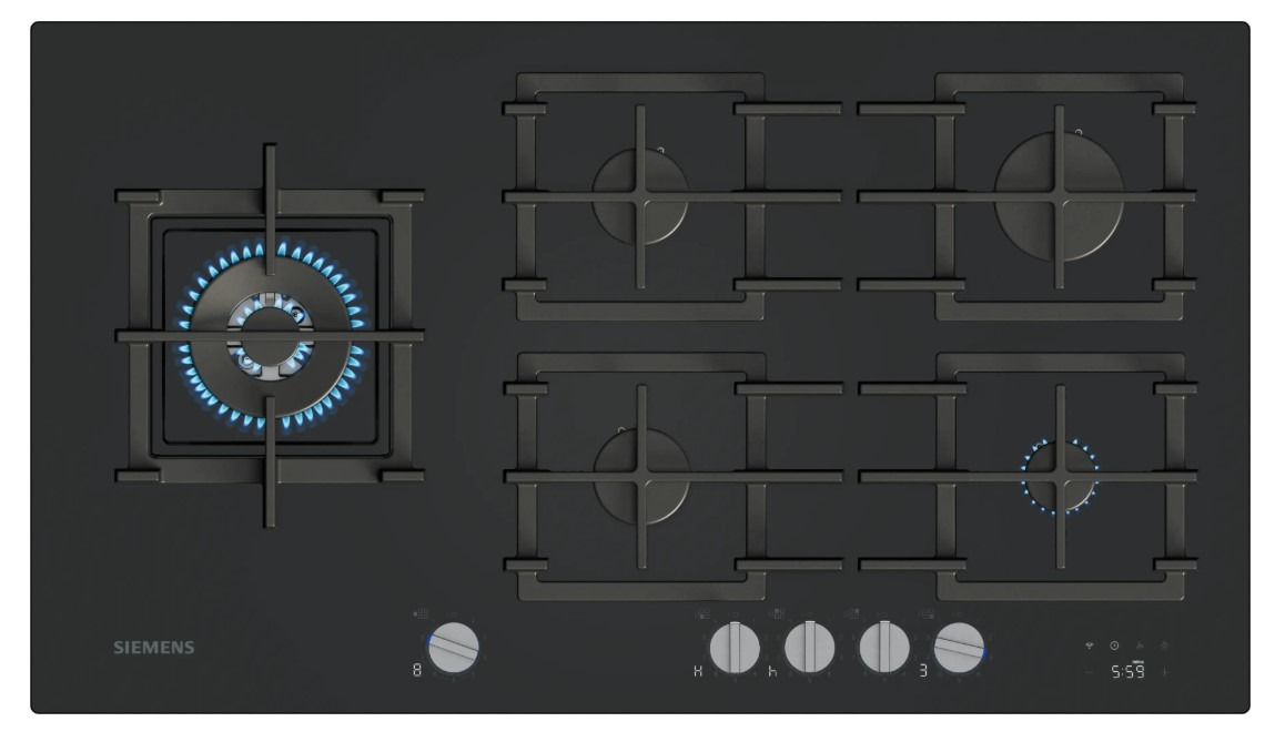 Siemens Black Er9a6sh40 90Cm 5 Burner Gas Hob In Glass Dual Wok Burner Home Connect