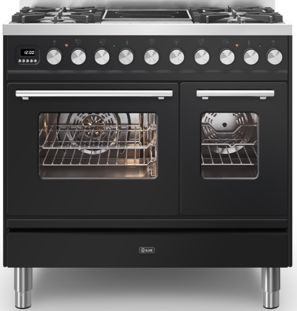 Ilve Black Roma 90Cm Twin 60 / 30 4 Gas Burners & 2 Zone Induction Gloss