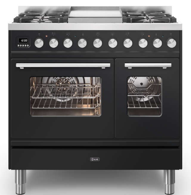 Ilve Black Roma 90Cm Twin 60 / 30 6 Gas Burners & Frytop Gloss