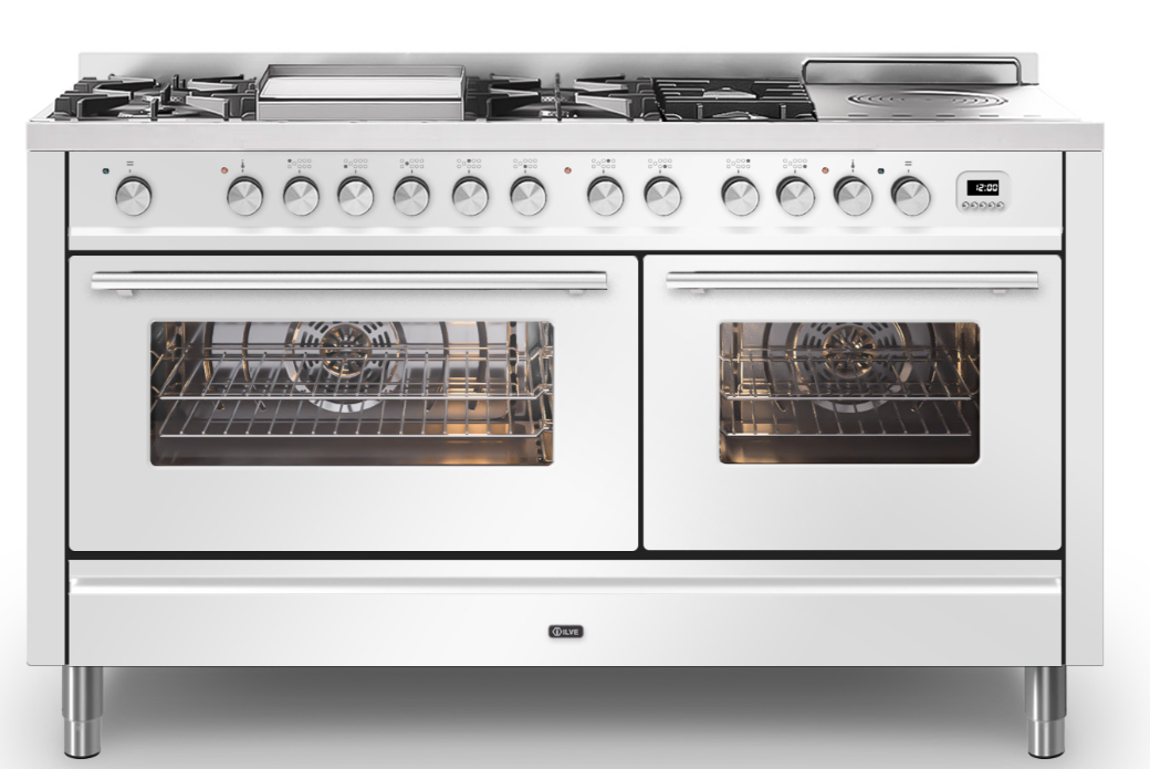 Ilve White Roma 150Cm Twin 90 / 60 7 Gas Burners With Frytop & Coup De Feu