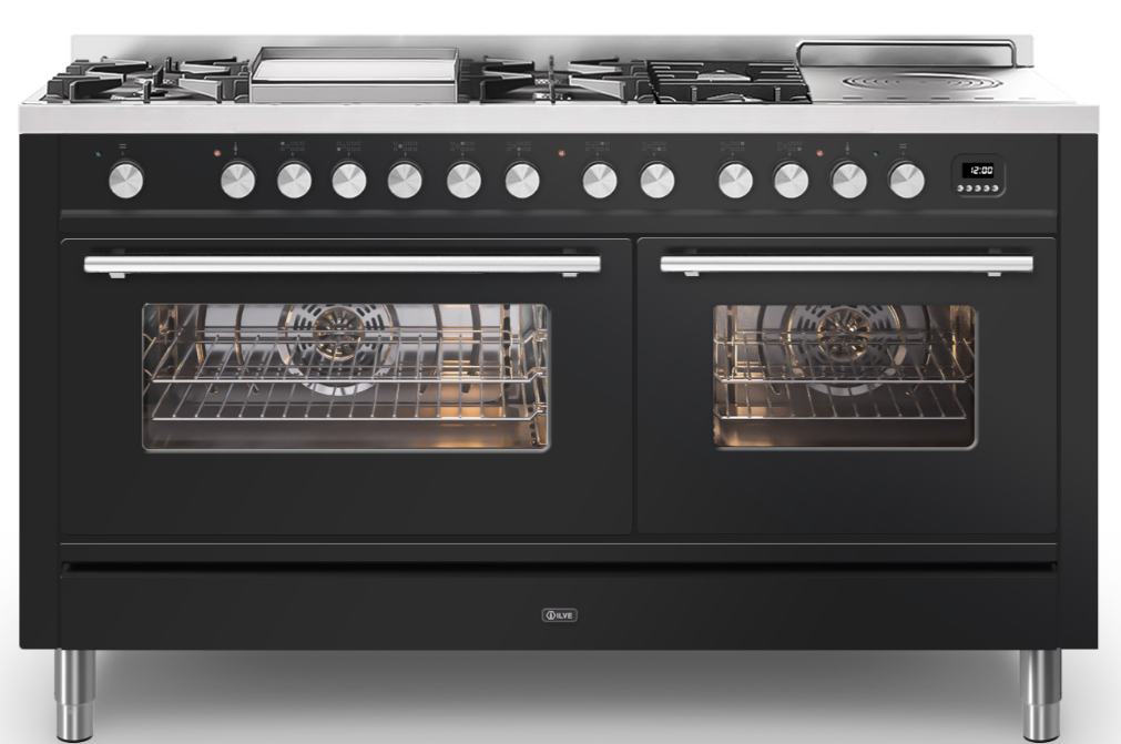 Ilve Black Roma 150Cm Twin 90 / 60 7 Gas Burners With Frytop & Coup De Feu Gloss
