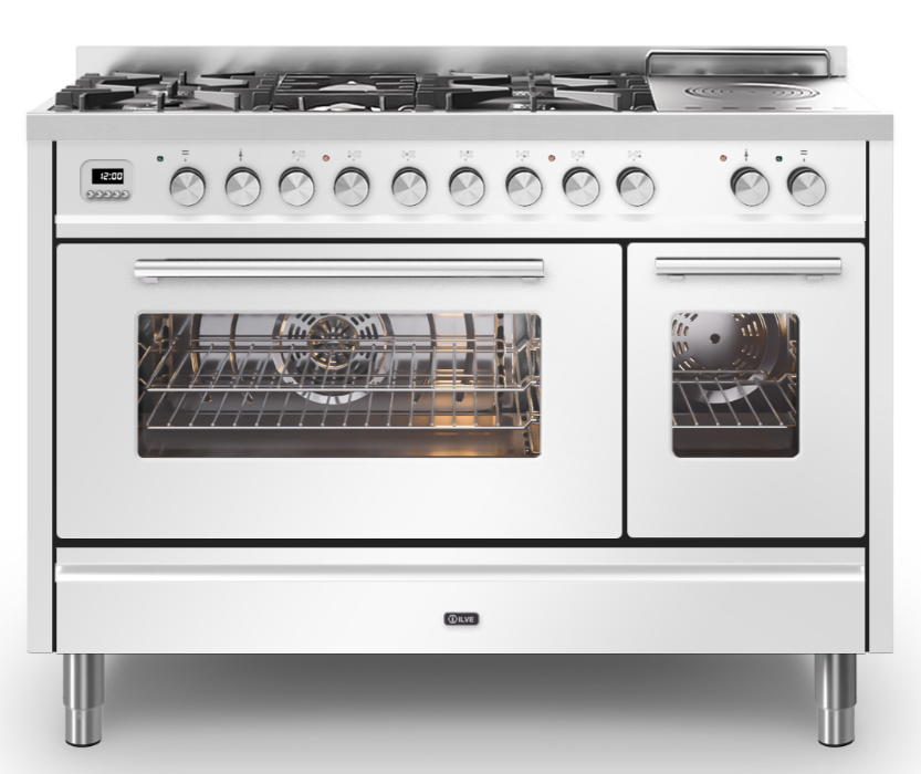 Ilve White Roma 120Cm Twin 90 / 30 5 Gas Burners & Coup De Feu