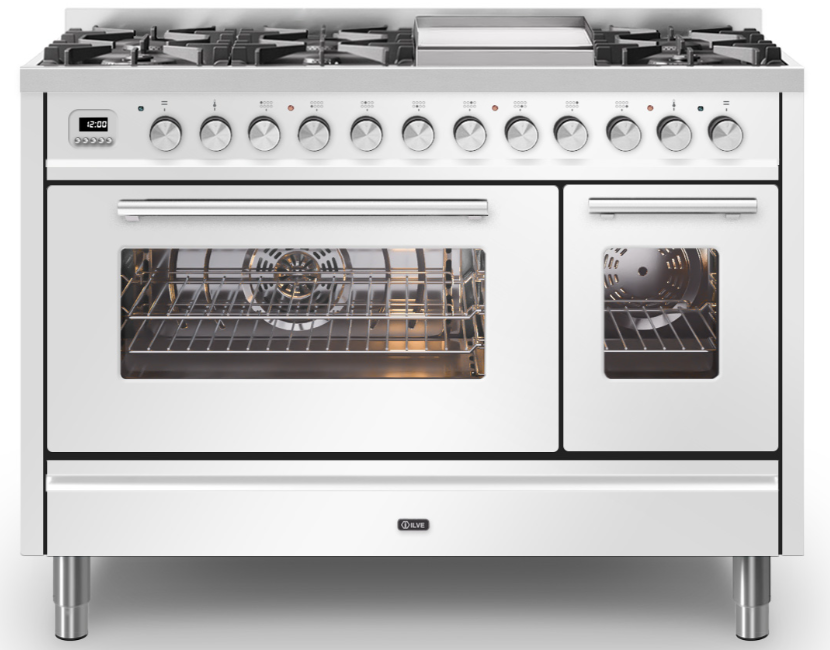 Ilve White Roma 120Cm Twin 90 / 30 8 Gas Burners & Frytop