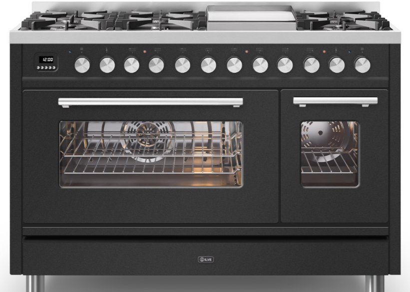 Ilve Black Roma 120Cm Twin 90 / 30 8 Gas Burners & Frytop Gloss