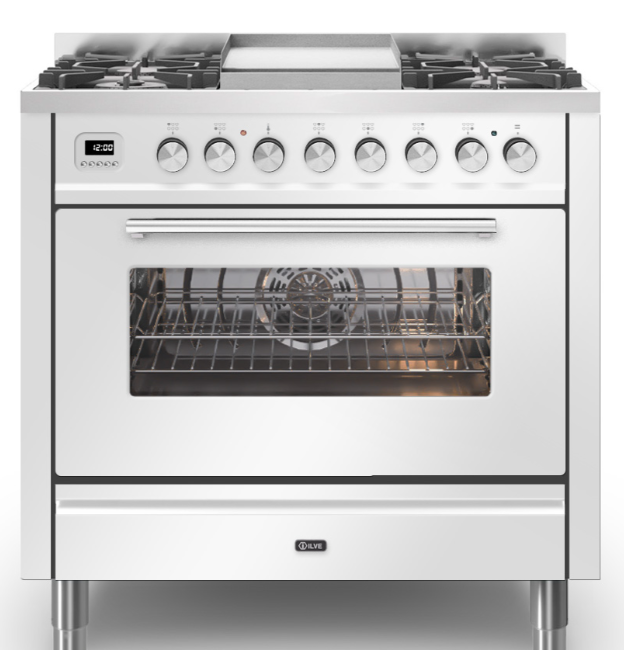 Ilve White Roma 90Cm Single 6 Gas Burners & Frytop
