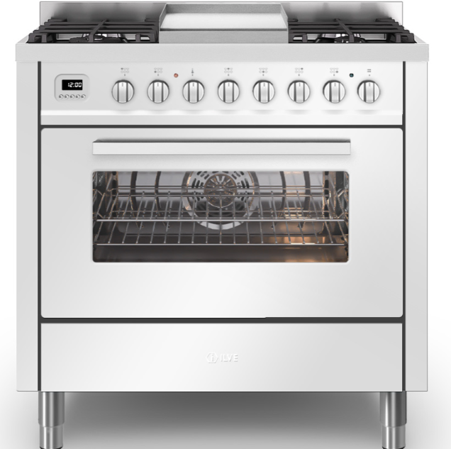 Ilve White Torino 90Cm Single 90 6 Gas Burners & Fry Top