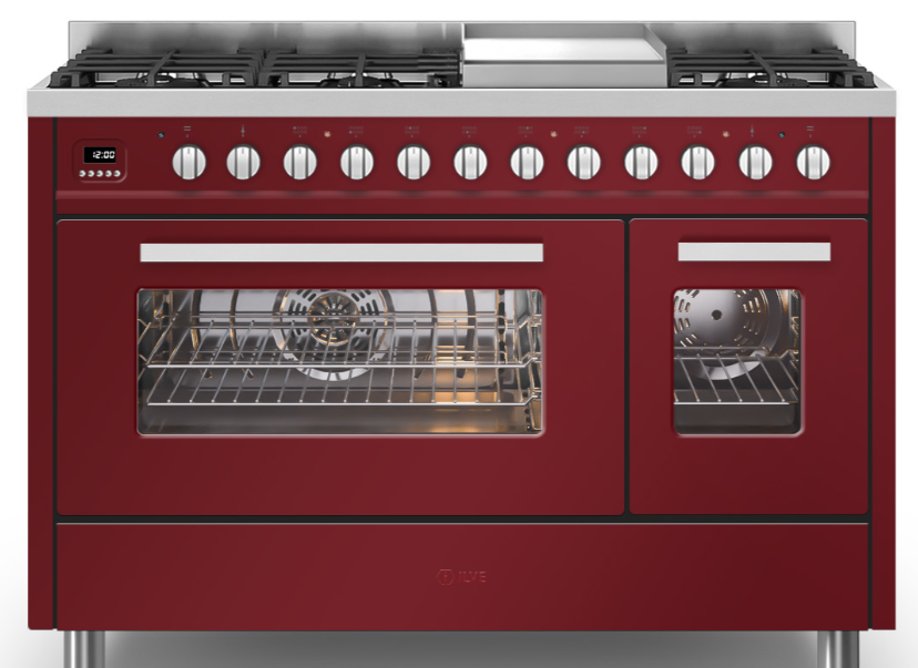 Ilve Burgundy/Red Torino 120Cm Twin 90/30 8 Burners & Fry Top